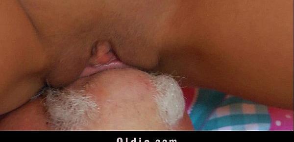 Mustached old guy licking shaved pussy fucking teen girlfriend